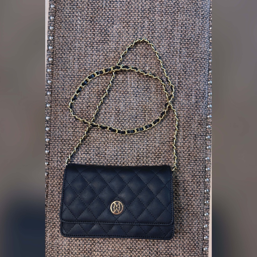 Black Quilted Chain Flap Crossbody Wallet on Chain